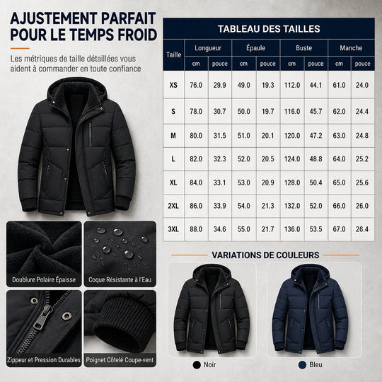 Manteau d'hiver pour homme doublé polaire avec capuche amovible