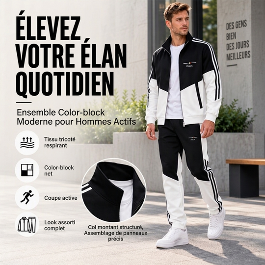 Ensemble Veste Zippée à Bloc de Couleurs et Pantalon à Cordon de Serrage pour Homme