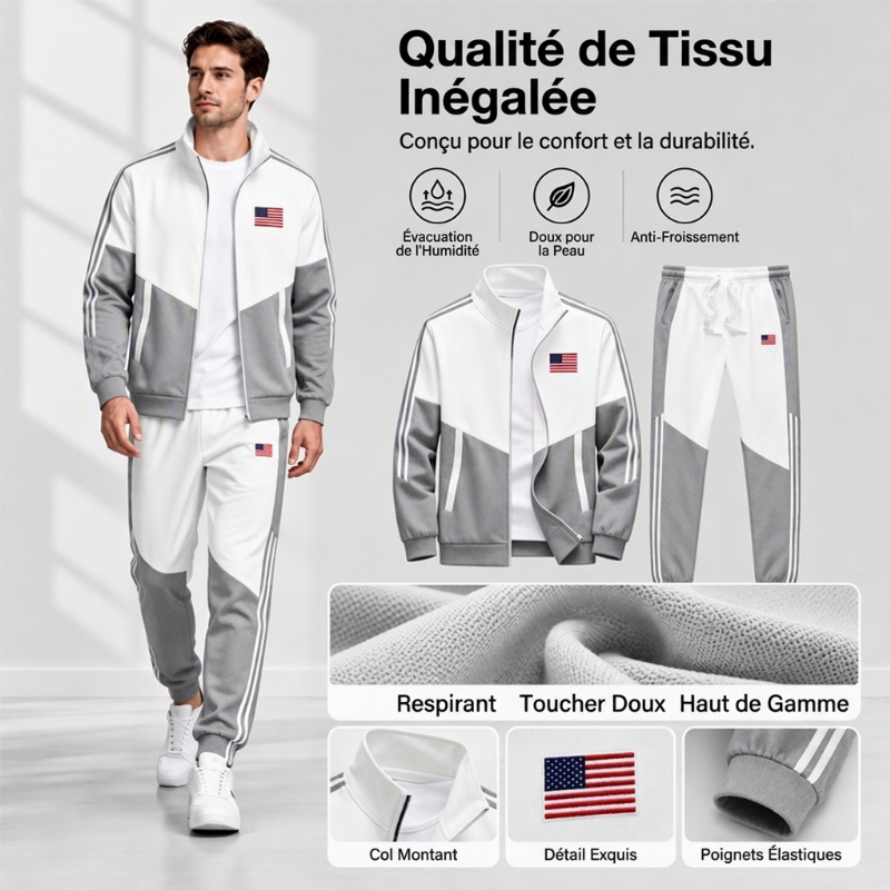 Ensemble Veste Zippée à Bloc de Couleurs et Pantalon à Cordon de Serrage pour Homme