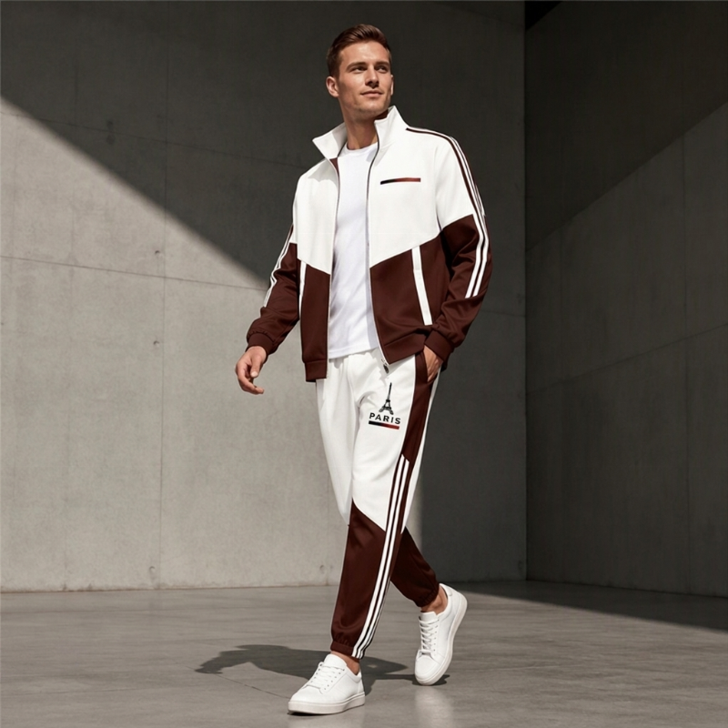 Ensemble Veste Zippée à Bloc de Couleurs et Pantalon à Cordon de Serrage pour Homme