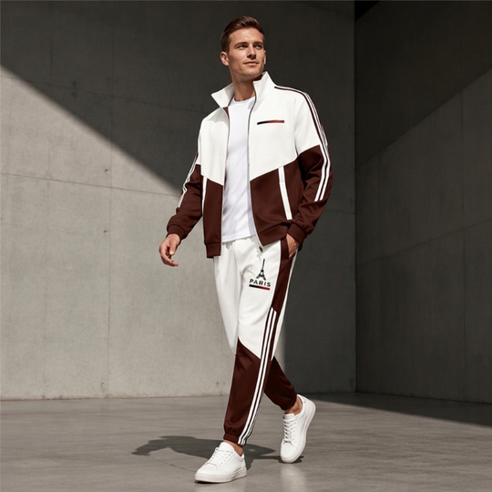 Ensemble Veste Zippée à Bloc de Couleurs et Pantalon à Cordon de Serrage pour Homme