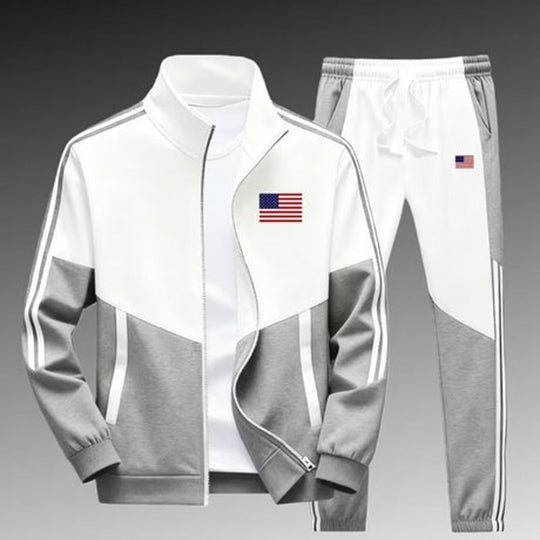 Ensemble Veste Zippée à Bloc de Couleurs et Pantalon à Cordon de Serrage pour Homme