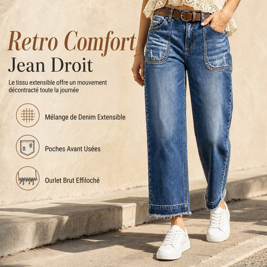 Jeans en denim vintage stretch pour femme, jambe droite, avec poches plaquées usées et ourlet effiloché brut