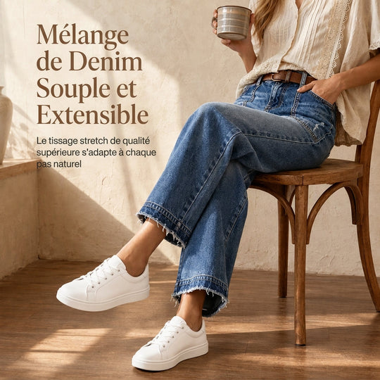 Jeans en denim vintage stretch pour femme, jambe droite, avec poches plaquées usées et ourlet effiloché brut