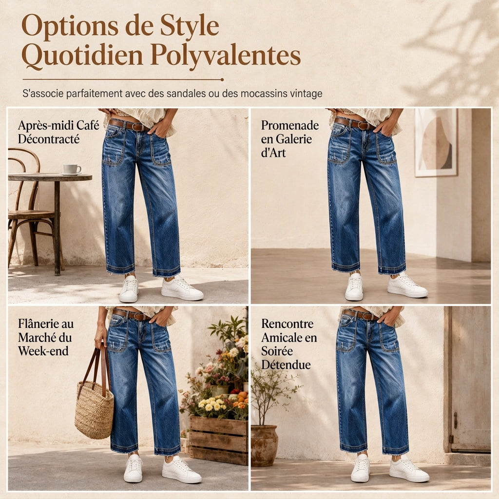 Jeans en denim vintage stretch pour femme, jambe droite, avec poches plaquées usées et ourlet effiloché brut