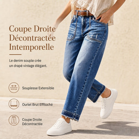 Jeans en denim vintage stretch pour femme, jambe droite, avec poches plaquées usées et ourlet effiloché brut