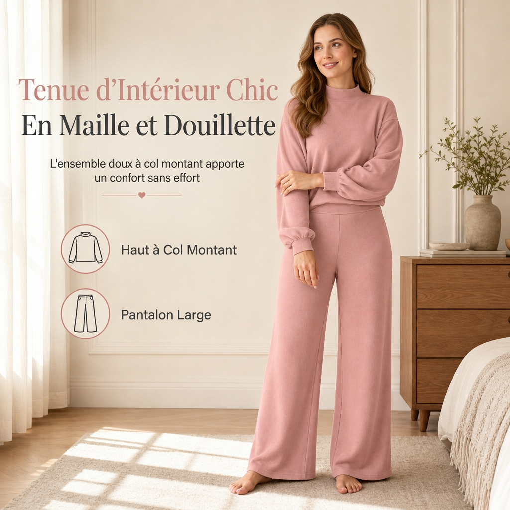 🔥 50% de réduction 🔥Ensemble de détente en maille deux pièces décontracté pour femmes, avec sweat-shirt à manches longues et col montant et pantalon taille haute à jambes larges