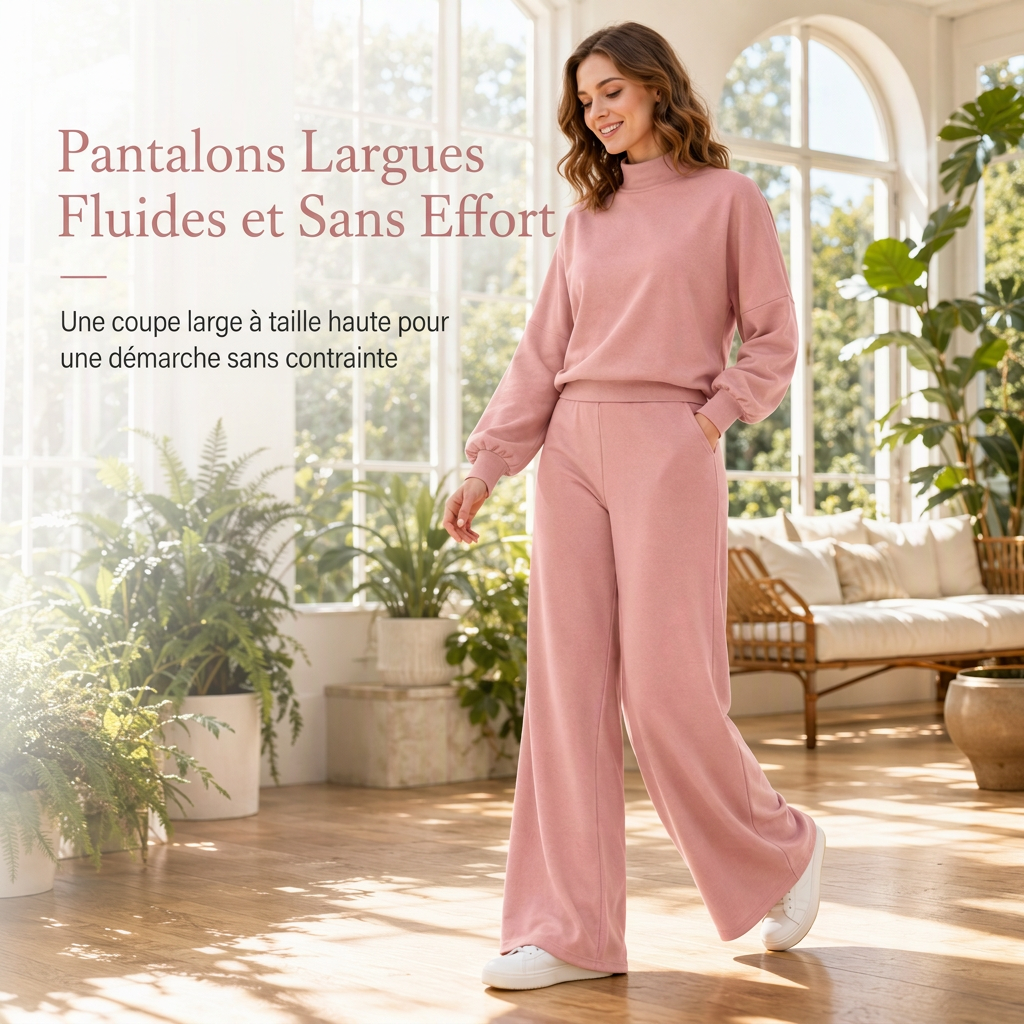 🔥 50% de réduction 🔥Ensemble de détente en maille deux pièces décontracté pour femmes, avec sweat-shirt à manches longues et col montant et pantalon taille haute à jambes larges