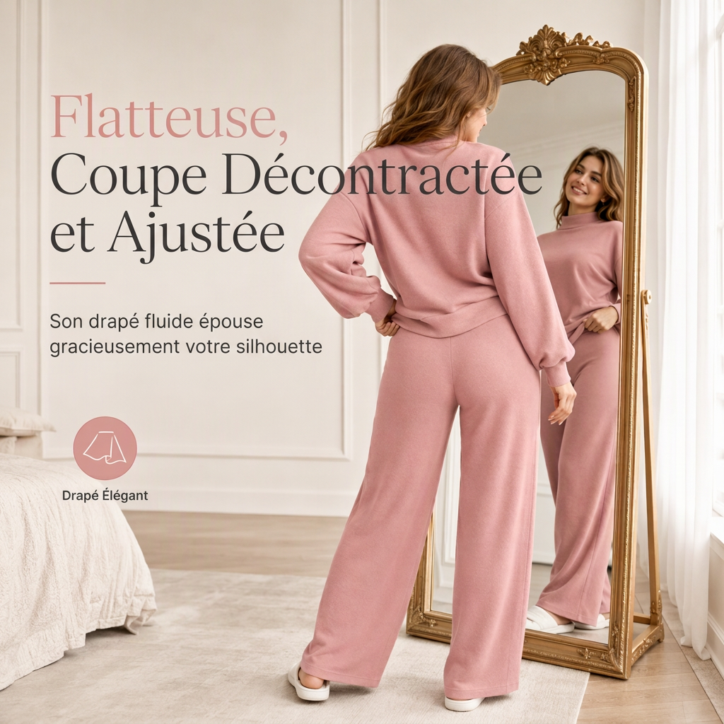 🔥 50% de réduction 🔥Ensemble de détente en maille deux pièces décontracté pour femmes, avec sweat-shirt à manches longues et col montant et pantalon taille haute à jambes larges