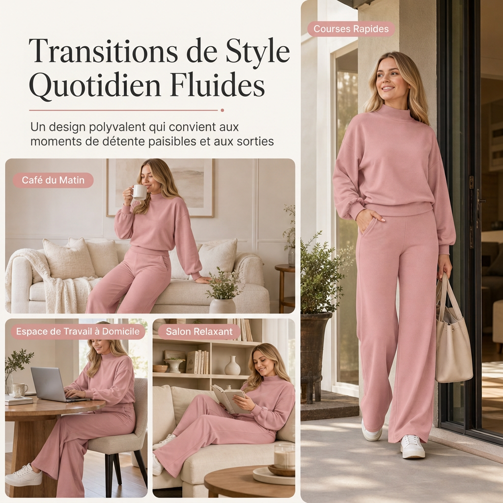 🔥 50% de réduction 🔥Ensemble de détente en maille deux pièces décontracté pour femmes, avec sweat-shirt à manches longues et col montant et pantalon taille haute à jambes larges
