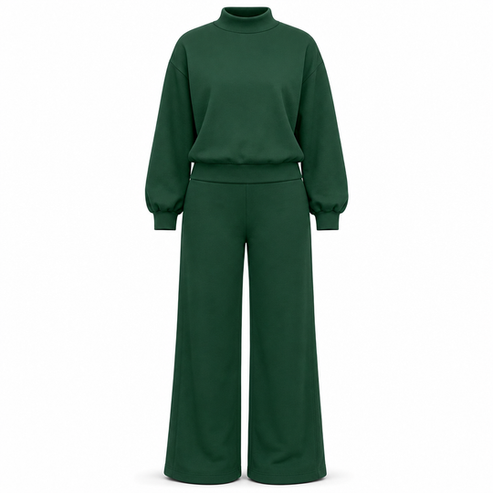 🔥 50% de réduction 🔥Ensemble de détente en maille deux pièces décontracté pour femmes, avec sweat-shirt à manches longues et col montant et pantalon taille haute à jambes larges