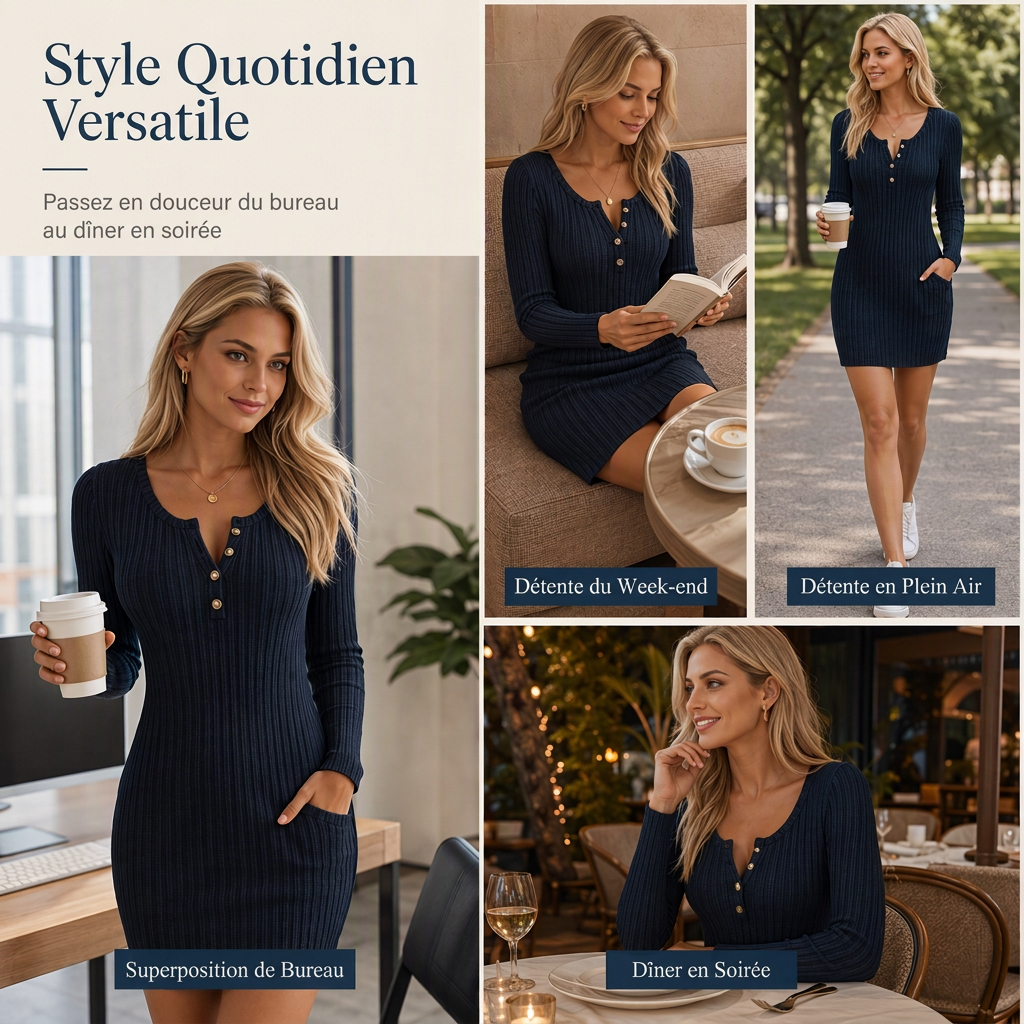 🔥 50% de réduction 🔥Robe moulante à manches longues unie pour femme, automne-hiver, avec boutons