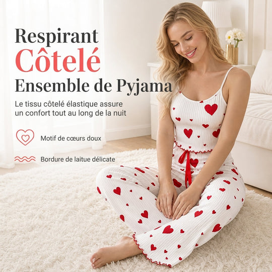 Ensemble de pyjama côtelé 2 pièces pour femme, débardeur à imprimé cœur et pantalon long, tenue de détente