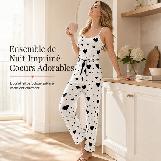 Ensemble de pyjama côtelé 2 pièces pour femme, débardeur à imprimé cœur et pantalon long, tenue de détente