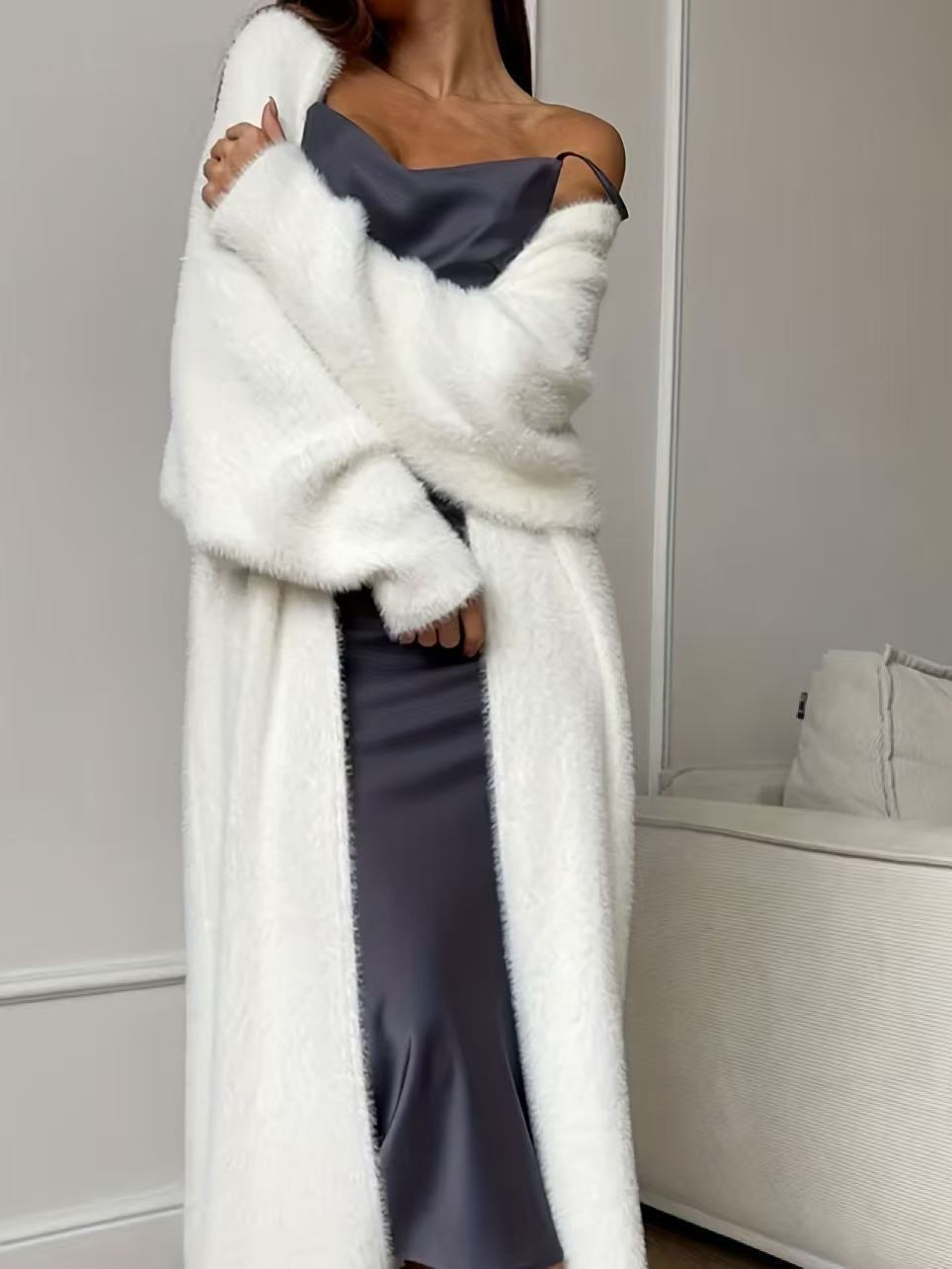 🔥 50% de réduction 🔥Cardigan long en fausse fourrure de vison pour femme, manteau en tricot oversize et duveteux pour l'automne et l'hiver