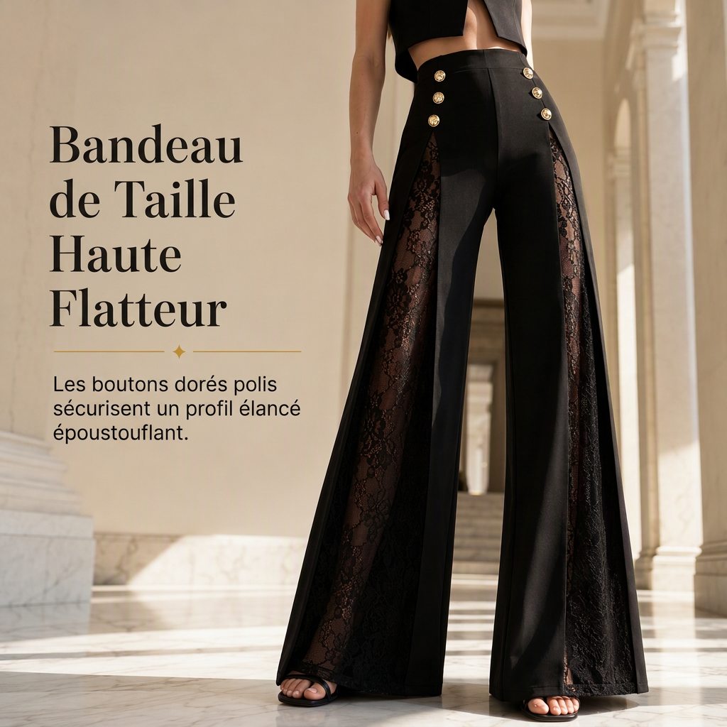 Pantalon large taille haute à empiècements en dentelle avec boutons dorés décoratifs pour femme