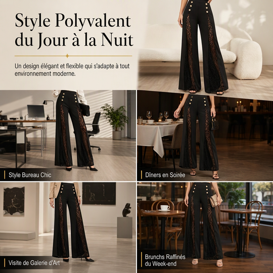 Pantalon large taille haute à empiècements en dentelle avec boutons dorés décoratifs pour femme
