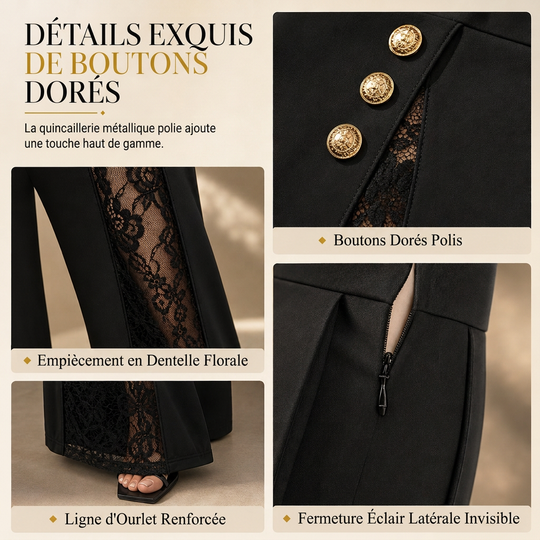 Pantalon large taille haute à empiècements en dentelle avec boutons dorés décoratifs pour femme