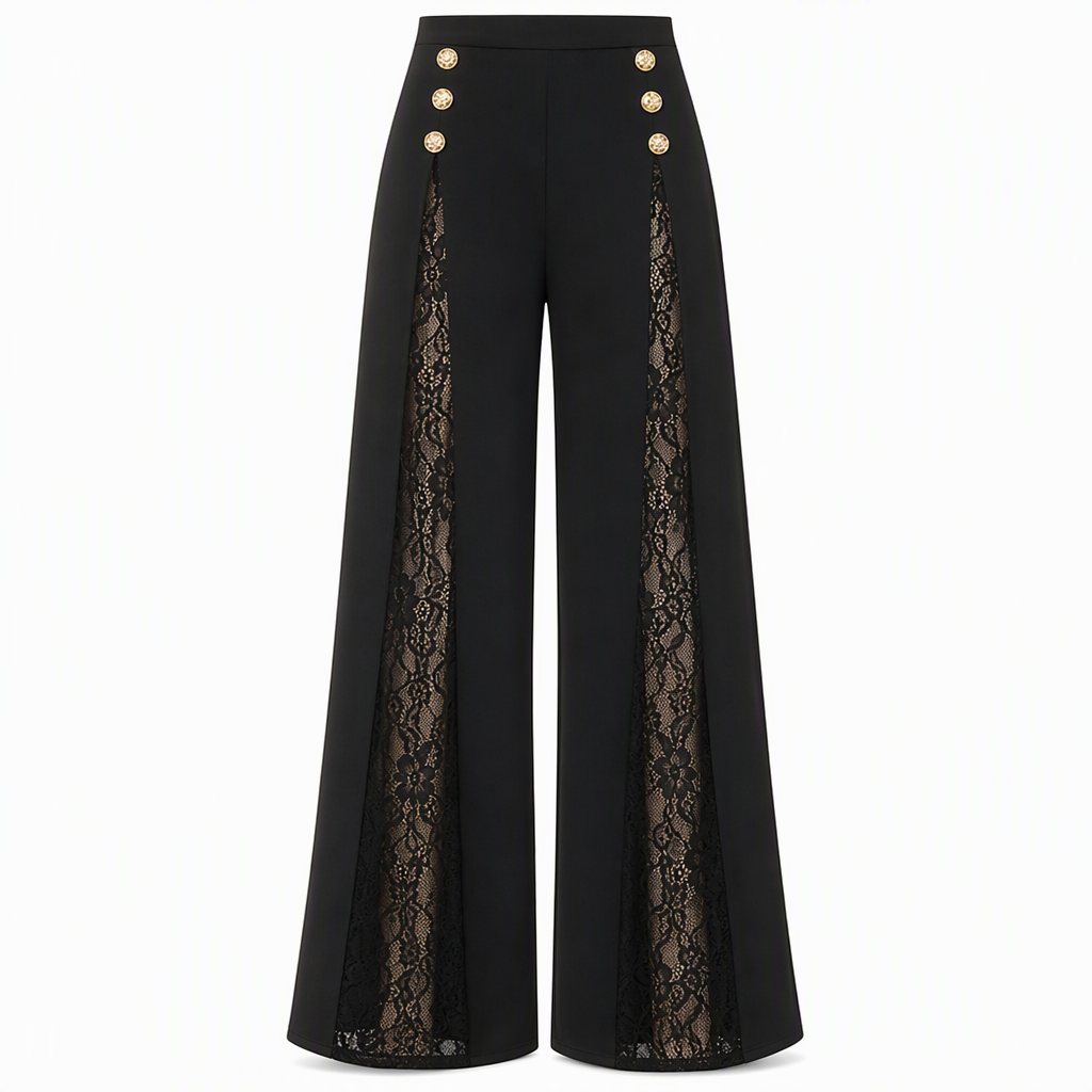 Pantalon large taille haute à empiècements en dentelle avec boutons dorés décoratifs pour femme