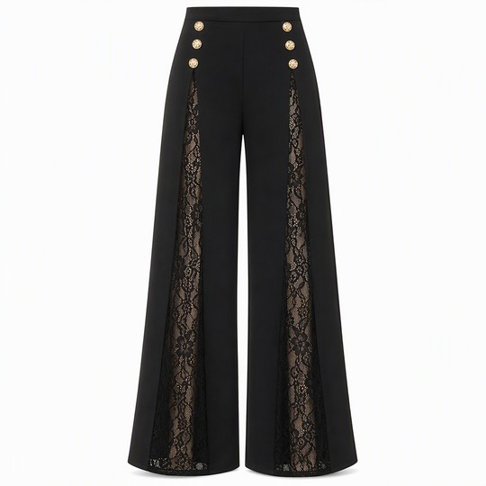 Pantalon large taille haute à empiècements en dentelle avec boutons dorés décoratifs pour femme