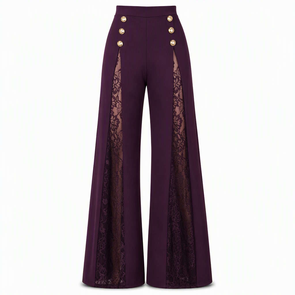 Pantalon large taille haute à empiècements en dentelle avec boutons dorés décoratifs pour femme