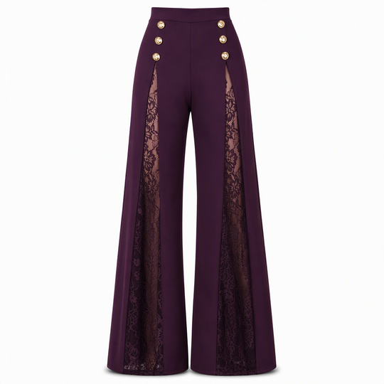 Pantalon large taille haute à empiècements en dentelle avec boutons dorés décoratifs pour femme