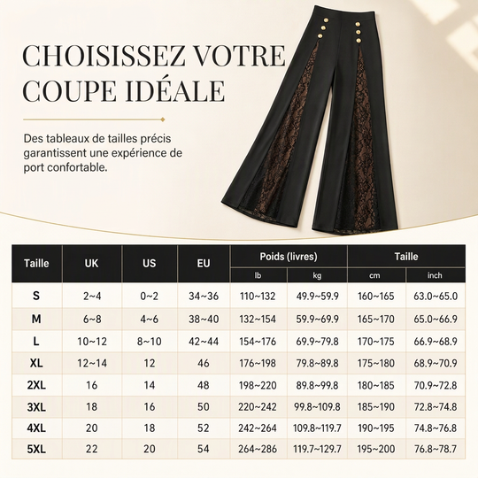 Pantalon large taille haute à empiècements en dentelle avec boutons dorés décoratifs pour femme