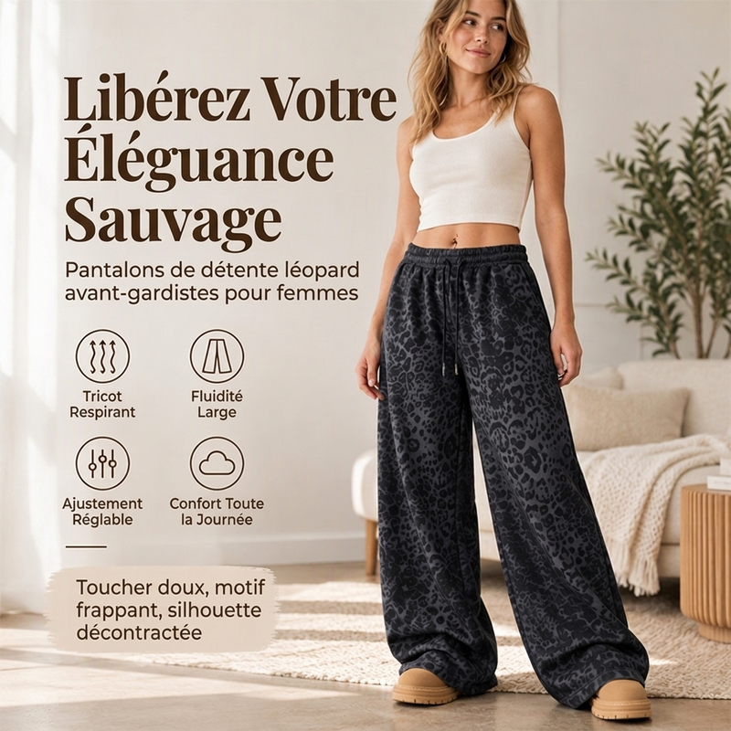 Pantalon de survêtement décontracté à larges jambes et imprimé léopard pour femme