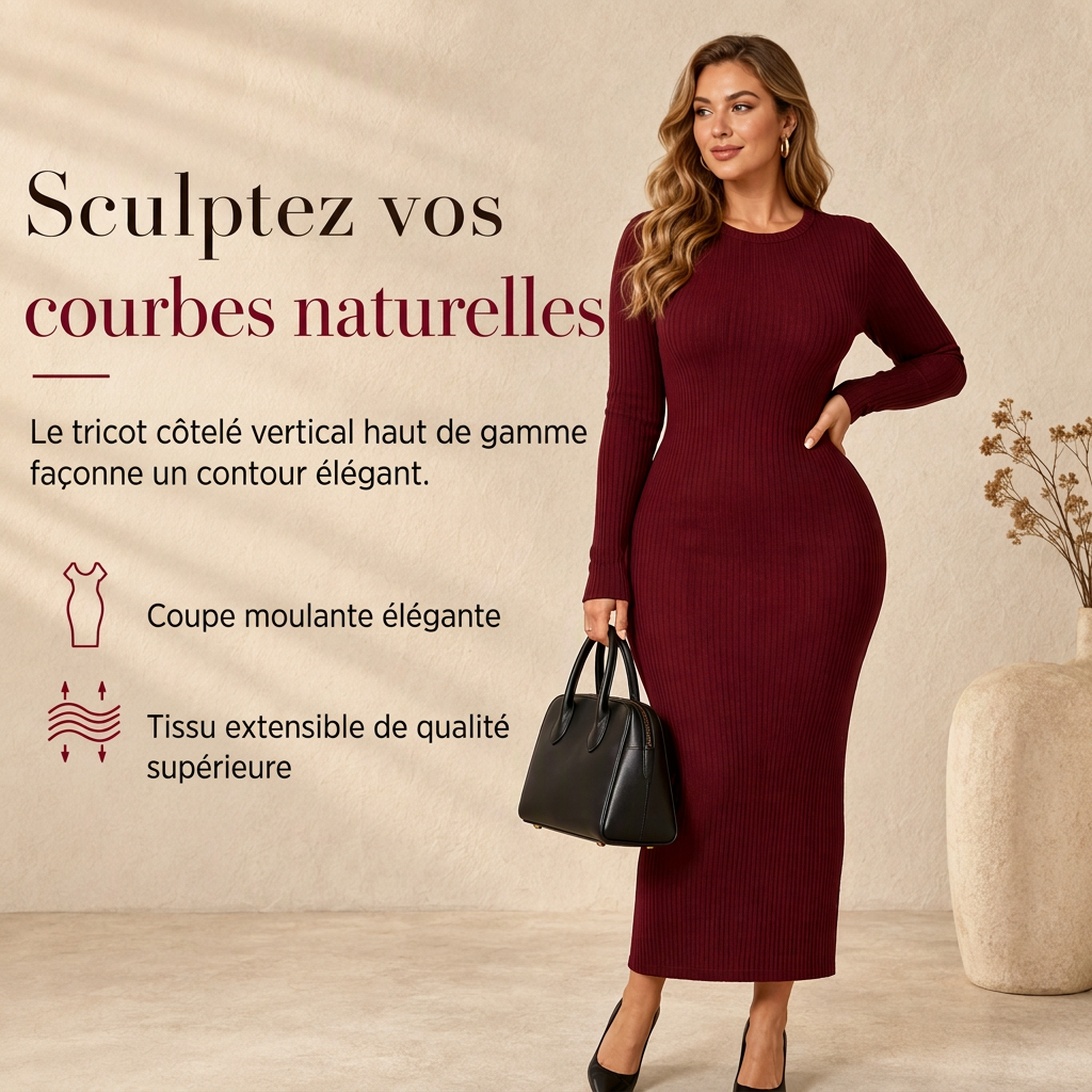 Robe longue moulue à manches longues, col rond, en maille côtelée pour femme