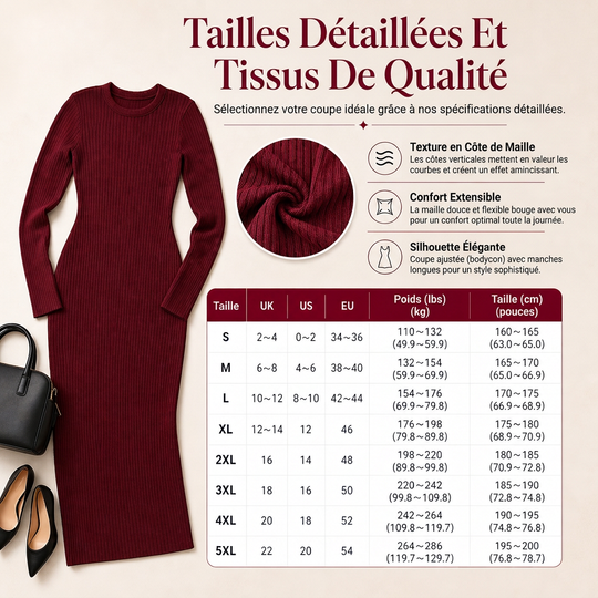 Robe longue moulue à manches longues, col rond, en maille côtelée pour femme