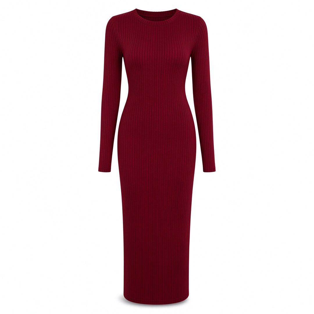 Robe longue moulue à manches longues, col rond, en maille côtelée pour femme