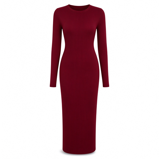 Robe longue moulue à manches longues, col rond, en maille côtelée pour femme