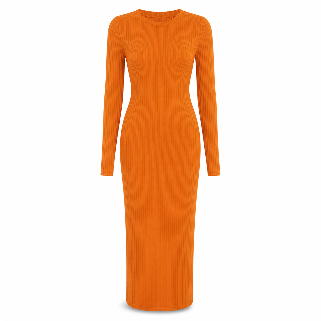 Robe longue moulue à manches longues, col rond, en maille côtelée pour femme