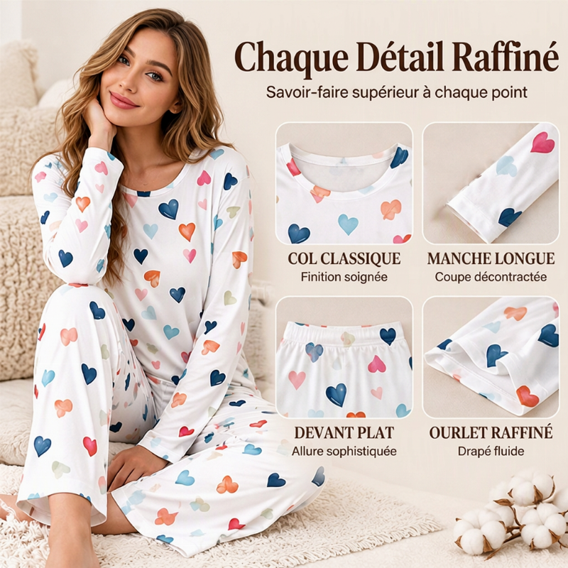 Ensemble de pyjamas à manches longues avec imprimé cœur pour femmes