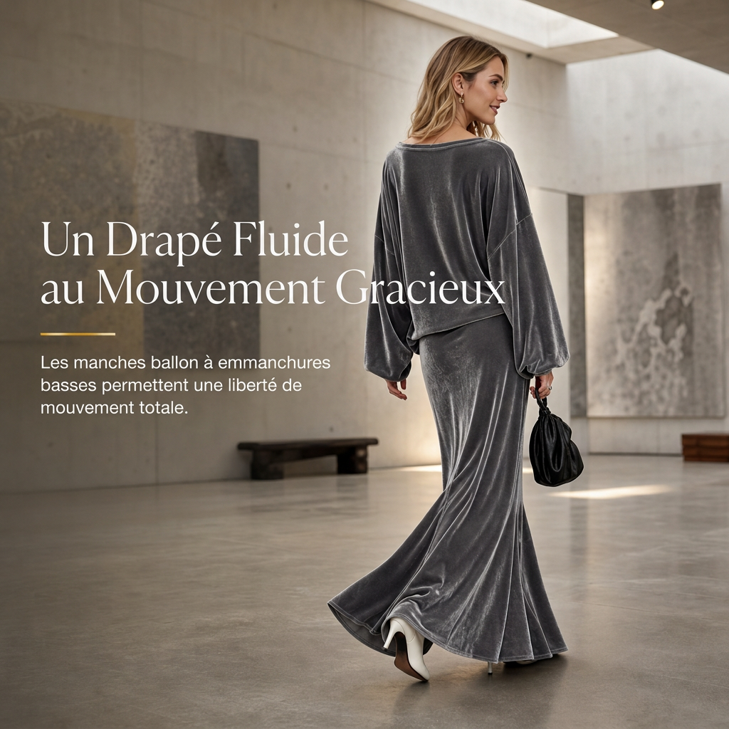 Ensemble deux pièces en velours de couleur unie pour femme, avec sweat à col V profond et coupe ample et jupe longue évasée
