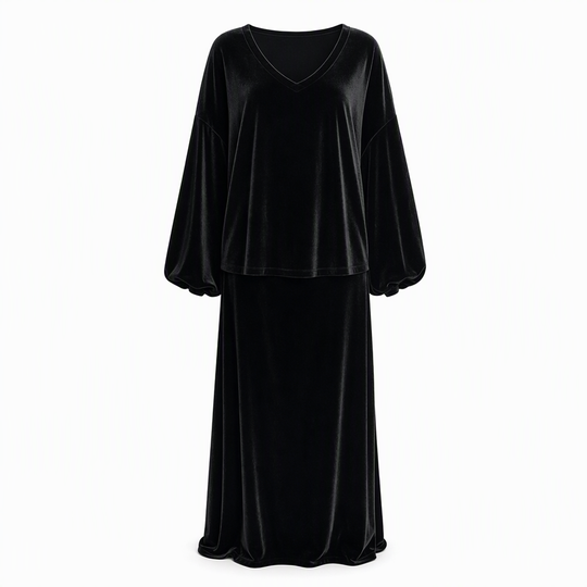 Ensemble deux pièces en velours de couleur unie pour femme, avec sweat à col V profond et coupe ample et jupe longue évasée