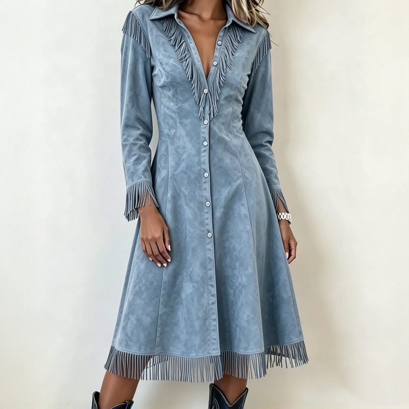 Robe à franges vintage à manches longues pour femmes