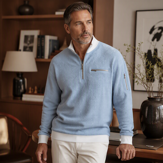 Sweatshirt décontracté pour homme en tissu nid d'abeille avec zip au quart