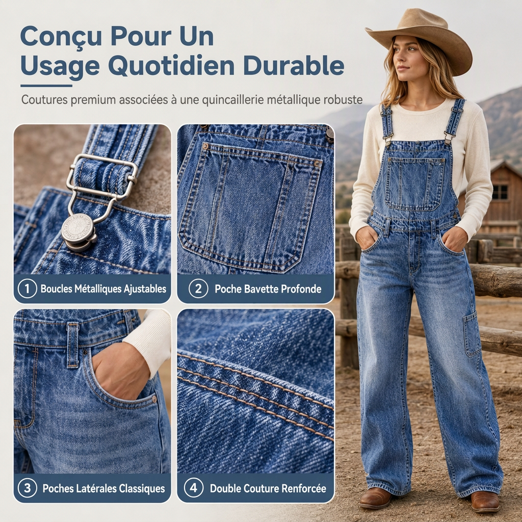 Salopette en denim extensible pour femme, pantalon à jambes larges avec bretelles réglables