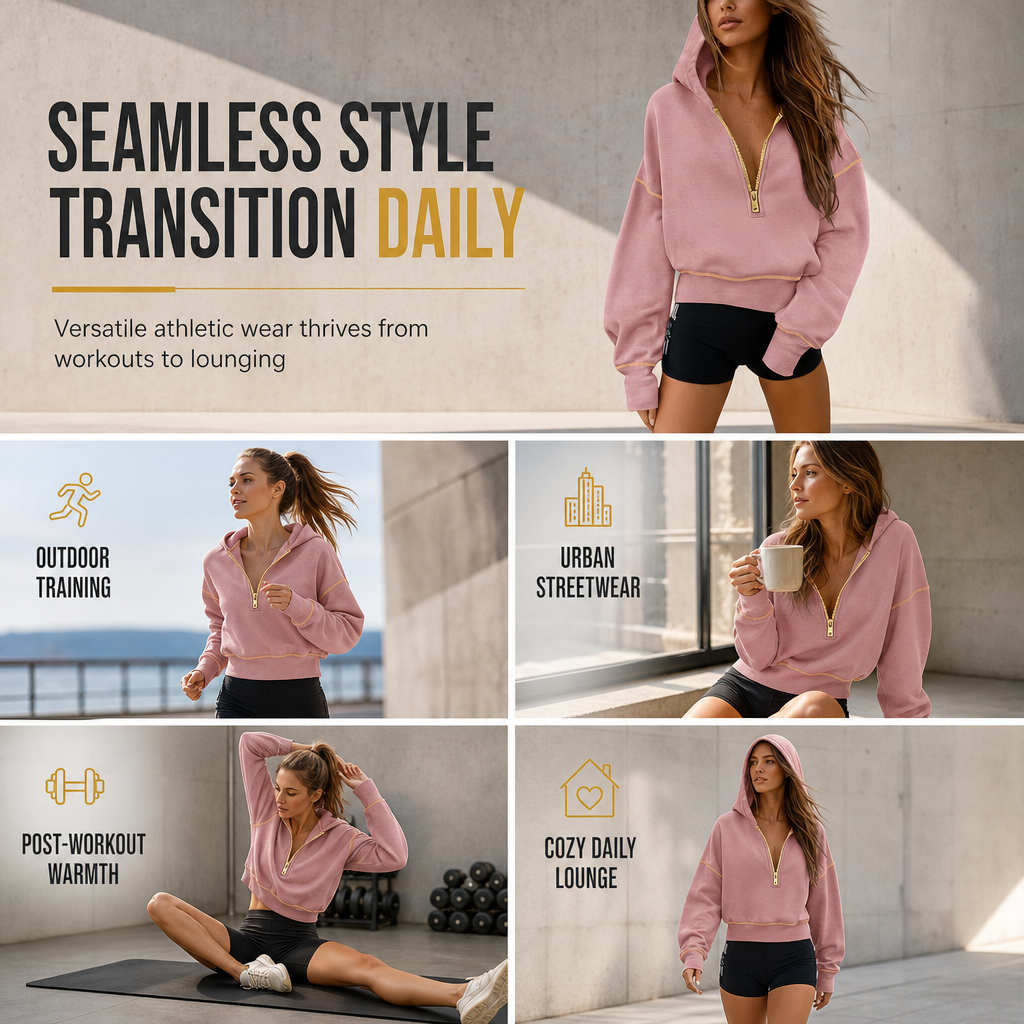 Sweat-shirt court à capuche et fermeture éclair pour femme, avec bordures contrastées, manches longues, coupe ample, couleur unie, style décontracté, idéal pour l'automne et l'hiver