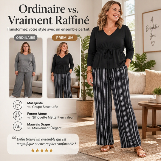 Ensemble Femme Top Volant à Col V et Pantalon à Rayures