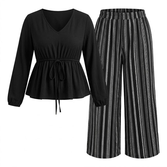 Ensemble Femme Top Volant à Col V et Pantalon à Rayures