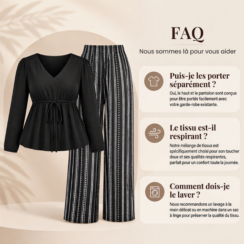 Ensemble Femme Top Volant à Col V et Pantalon à Rayures