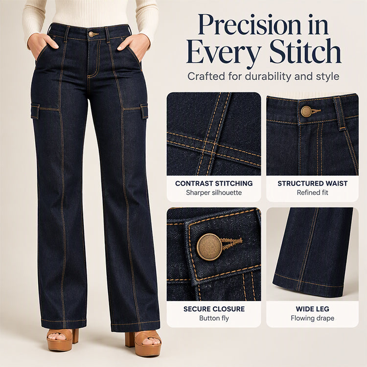 Jeans à jambe large à taille haute avec coutures contrastées pour femmes