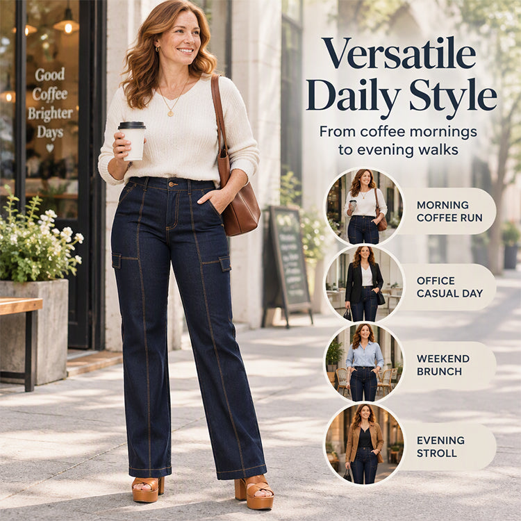 Jeans à jambe large à taille haute avec coutures contrastées pour femmes