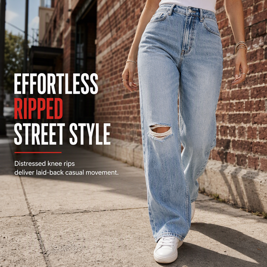 Jean en denim déchiré à taille haute et jambe large pour femme, pantalon droit détressé