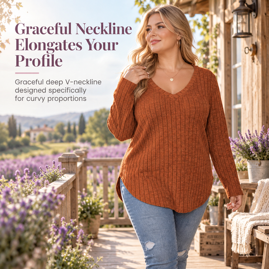 T-shirt col V à manches longues en maille côtelée brossée pour femme grande taille, coupe ample, pull unicolore