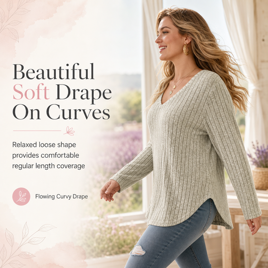 T-shirt col V à manches longues en maille côtelée brossée pour femme grande taille, coupe ample, pull unicolore