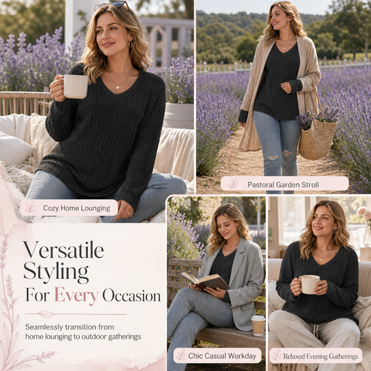 T-shirt col V à manches longues en maille côtelée brossée pour femme grande taille, coupe ample, pull unicolore
