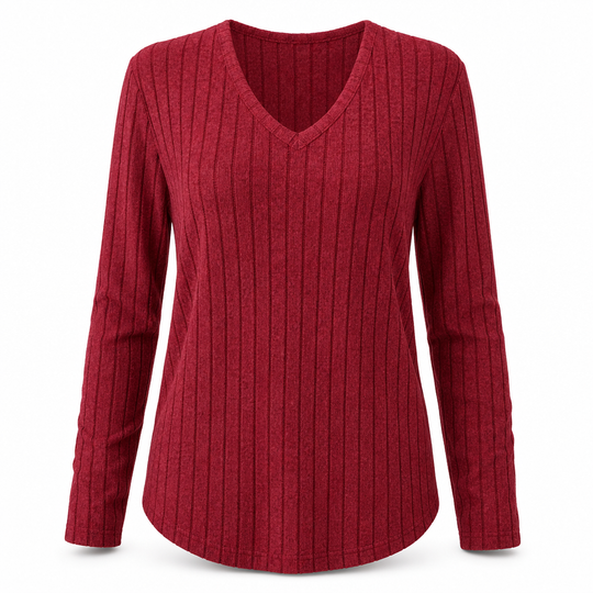 T-shirt col V à manches longues en maille côtelée brossée pour femme grande taille, coupe ample, pull unicolore